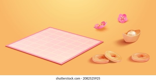 3D Asia spring elements. Illustration of a plaid picnic blanket, pink flower with five petals and gold ingot and coins isolated on the yellow orange ground