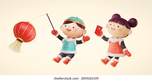 3d Asian children in traditional costumes. The boy holding big red lantern and the girl holding red envelope. Suitable for Chinese new year decoration.