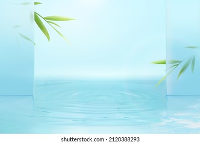 3d Asian style product display scene design with ripple water surface, glass sheet walls and bamboo. Zen and peace concept.