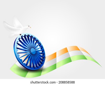 3D Asoka wheel with flying pigeons on national tricolors wave background for 15th of August, Indian Independence Day celebrations. 
