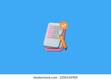 3d asset illustration for ui ux, task completed notification white paper, pencil on light blue background