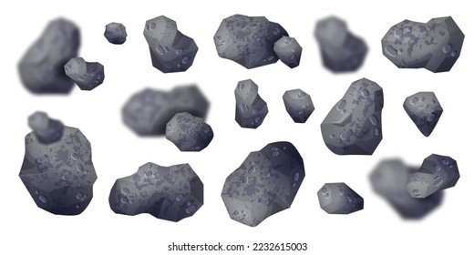 3D asteroid set, vector space coal kit, cosmos game meteorite clipart, sci-fi moon stone collection. Universe astronomy rocks, grey flying meteoroid texture. 3D asteroid debris belt science concept  