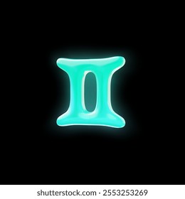 3D astrological zodiac sign gemini in neon blue isolated on a black background. A luminous design element that emphasizes the theme of the future.