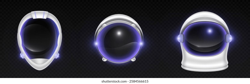 3d astronaut helmet collection with glowing blue neon rim around dark visors. White protective space headgear elements of futuristic designs - oval, circular, round shapes. Luminous cosmic equipment.