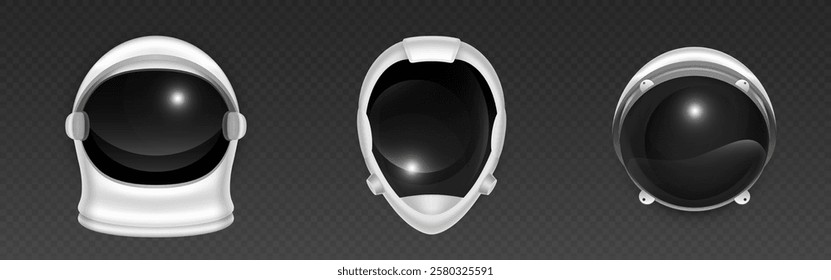 3d astronaut helmet set with white protective frames and dark visors. Various space headgear designs of different shapes - classic round, modern oval, minimalist models. Spaceman equipment elements.