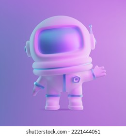 Der 3D-Astronaut in einem Helm schlägt ihm die Hand. Die Vektorgrafik ist futuristisch. Glossare Beleuchtung des Metaverse. Cute-Kindzeichen