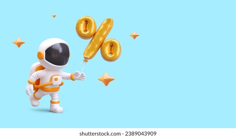 Astronauta 3D con globo de descuento festivo. Oferta de vacaciones, venta de temporada. Diseño de volante, vale, tarjeta de bonificación en fondo azul. Diseño web positivo