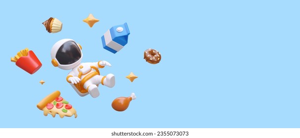 3D astronaut hovers among food. Galactic diet. Fast food, sweets, drinks. Space discounts. Time for snack. Vector concept on blue background. Advertising of pizzeria, cafe, restaurant