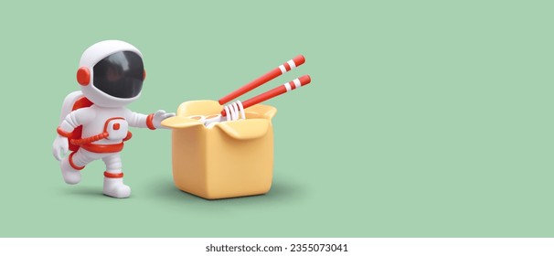 3D astronaut run to street food package. Tasty takeaway meals. Asian cuisine. Rice noodles, eggs, chopsticks in package. Time to eat deliciously. Advertising concept, place for text, logo, address