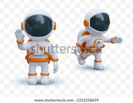 3D astronaut in space suit. Character in different poses. Cosmonaut is coming, saying hello. Sign language. Isolated illustrations for application, site, game. Space theme