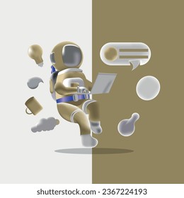 3D-Astronaut in Raumgeräten, die auf Laptop arbeiten