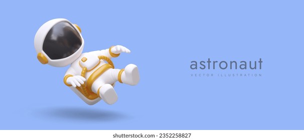 3D astronaut in zero gravity. Floating character in spacesuit. Exploration of universe, going into space. Technology development. Concept on colored background