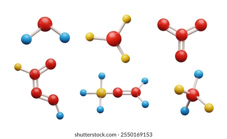 Estructura atómica 3D de la molécula Vector render ilustración. Fórmula química estructural colorida y modelo de molécula de volumen. Patrones brillantes de burbujas de ciencia. Química esferas unidas, biotecnología