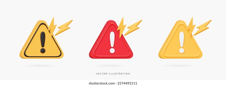 3D Attention sign with exclamation mark icon set. Red and yellow triangle with lightnings. Error warning. Alert notification. Hazard symbol. Cartoon design icons isolated. 3D Vector illustration