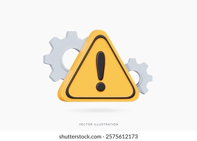 3D Attention sign with exclamation mark in triangle and gear. Technical problem. Computer system error. Process disruption. Cartoon design icon isolated on white background. 3D Vector illustration