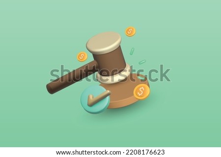 3d auction hammer with money coin icon vector illustration design on green background.