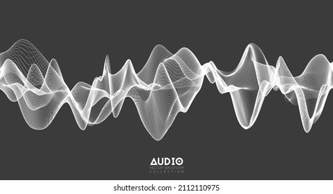 3d audio soundwave. White music pulse oscillation. Glowing impulse pattern