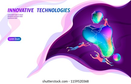 3D augmented reality virtual media space. Small men around glowing neon fluid liquid color sphere. Digital entertainment innovation home technology render gradient dynamic vector illustration