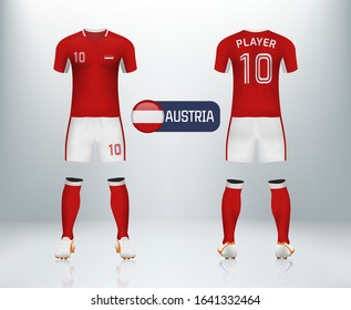 3D Austria Badge And Realistic Of Front And Back View Of Soccer Jersey Shirt On Shop Backdrop. Concept For Soccer Team Uniform Or Football Apparel Mock Up.Wales Soccer Kit T-shirt Template In Vector.