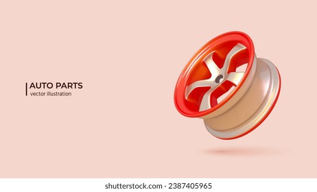 3D Auto Parts Concept. Realistic 3d design of Cars sports rim. 3D Vector illustration in cartoon minimal style.