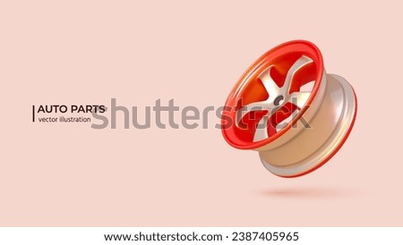 3D Auto Parts Concept. Realistic 3d design of Cars sports rim. 3D Vector illustration in cartoon minimal style.