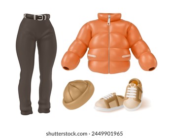 Conjunto de ropa de otoño 3d Concepto Diseño de dibujos animados Estilo Incluye zapatos de par, sombrero, jeans y chaqueta de plumón. Ilustración vectorial