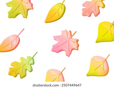 Patrón de hojas de otoño 3d. Hoja de otoño. Arce, roble, abedul, hoja de fresno. Elementos de la estación de la decoración para el thanksgiving, fondo del otoño. Ilustración vectorial de dibujos animados.