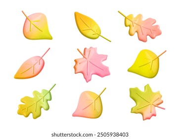 3d autumn fall leaves. Season pattern. Maple, oak, birch, ash leaf. Decoration season elements for thanksgiving, autumn background. Cartoon vector illustration.