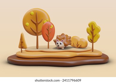 3D autumn forest landscape in plasticine style. Scene with trees and bushes of different shapes and colors. Cute little hedgehog. Horizontal template for children concepts