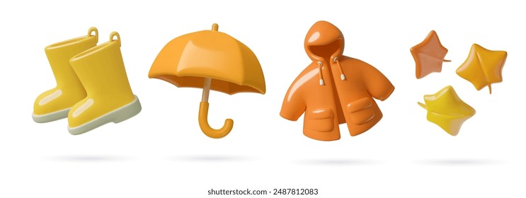 3d Autumn icons collection - rain boots, raincoat, red leaves and umbrella. Children fashion and seasonal shopping cute three dimensional vector design elements set. 