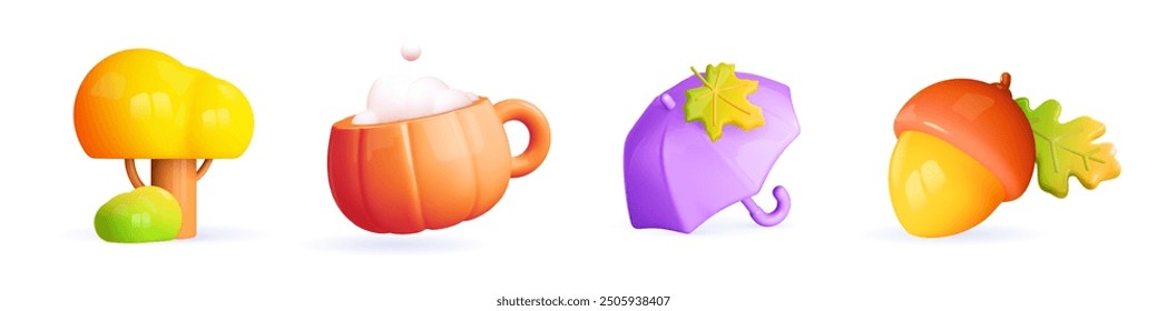 3d autumn icons. Autumn yellow tree, umbrella, acorn, pumpkin mug. Decoration season elements for thanksgiving, autumn background. Cartoon vector illustration.