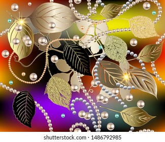 3d autumn leaves vector seamless pattern. Jewelry colorful glowing leafy background. Gold shiny grunge leaves. Jewellery repeat floral backdrop. Ornate luxury ornament with necklace, gemstones, pearls