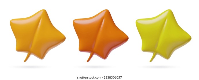 3d autumn maple leaves set. Modern glossy plastic cute three dimensional vector elements collection. Red, yellow and orange decorative objects isolated on white background.