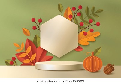 3d autumn podium background. Fall sale platform with pumpkin, orange leaves and acorn for Thanksgiving. Green wall and product stand for season discount in studio. Papercut template illustration