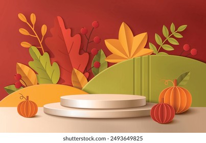 3d autumn sale background with product podium. Fall banner for Thanksgiving season discount and promo. Red wall in studio with orange leaves, pumpkin and berry. Papercut wave showcase illustration