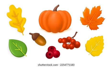 3d conjunto otoño, hoja de arce, bellota y bayas. Vacaciones de octubre, calabaza de otoño, plantas naranjas y rojas, hojas amarillas decoración de septiembre. Ilustración neoterina aislada del vector brillante de render