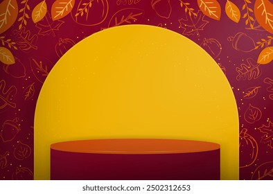 Fondo de Plantilla de pantalla de producto temático de otoño 3d. Podio rojo con un fondo de pared naranja y fondo con patrón de decoración de otoño, bellota, calabaza, hojas, hoja de arce, rayo de luz solar. Vector.