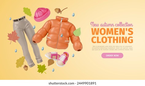 3d Autumn Women Clothing Collection Ads Banner Concept Poster Card Hat, Jeans and Down Jacket. Vector illustration of Floating Objects