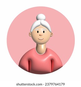 3D avatar of a gray-haired elderly woman on a pink round background. Grandmother, woman of advanced years, old woman, persioner svg