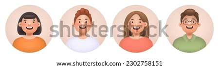 3D avatars set. Character portrait of cheerful men and women. Vector illustration in cartoon style
