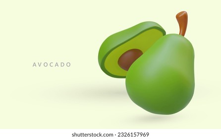 3D avocado whole and half. Color illustration with shadows on light background. Fruit rich in natural oils. Commercial template for grocery store, market, farmers, cooks