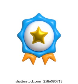 3D award blue ribbon badge with a golden star, isolated on a white background. Glossy achievement 3d medal symbolizing excellence, recognition, success, premium quality in competitions and rewards.