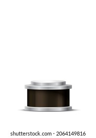 3d award podium vector illustration. Realistic stand with silver and black round platforms, showcase pedestal base for cosmetic product, events with shadow on floor isolated on white background