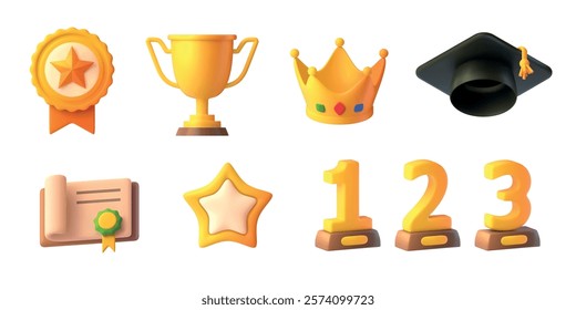 3D awards icons. Reward render, plastic golden trophy cup star achievement champion medal winner places, graduation cap prize certificate quality stamp garish vector illustration original artwork