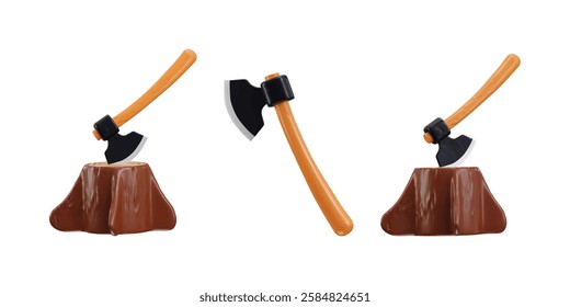 3D Axe with stump icon set concept of Manual tool for chop wood, Ax steel build cut equipment icon vector illustration