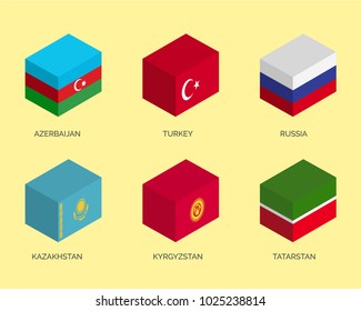 3d Azerbaijan flag isometric cube icon set with Turkey, Russia, Kazakhstan, Kyrgyzstan. Tatarstan vector Illustration elements minimalist