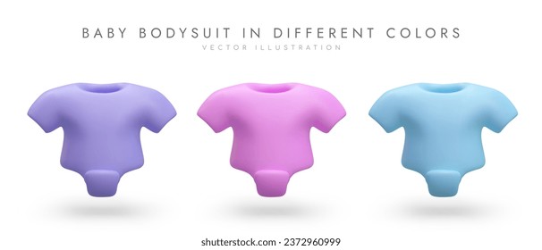 3d baby bodysuit in different colors. Poster for store selling clothes for kids. Vector illustration in pink, blue and purple colors with gray background and place for text