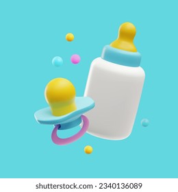3d baby bottle witn pacifier. Necessary healthy things to feed and soothe the newborn baby. Cartoon vector illustration isolated on blue background in plastic realistic style