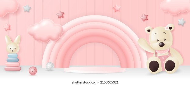 3d Baby display podium with cute bear, rabbit and rainbow on pink background for the baby store, online shop, kid clothes and toy banner, boy fashion discount sale promotion, social media. vector