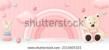 3d Baby display podium with cute bear, rabbit and rainbow on pink background for the baby store, online shop, kid clothes and toy banner, boy fashion discount sale promotion, social media. vector
